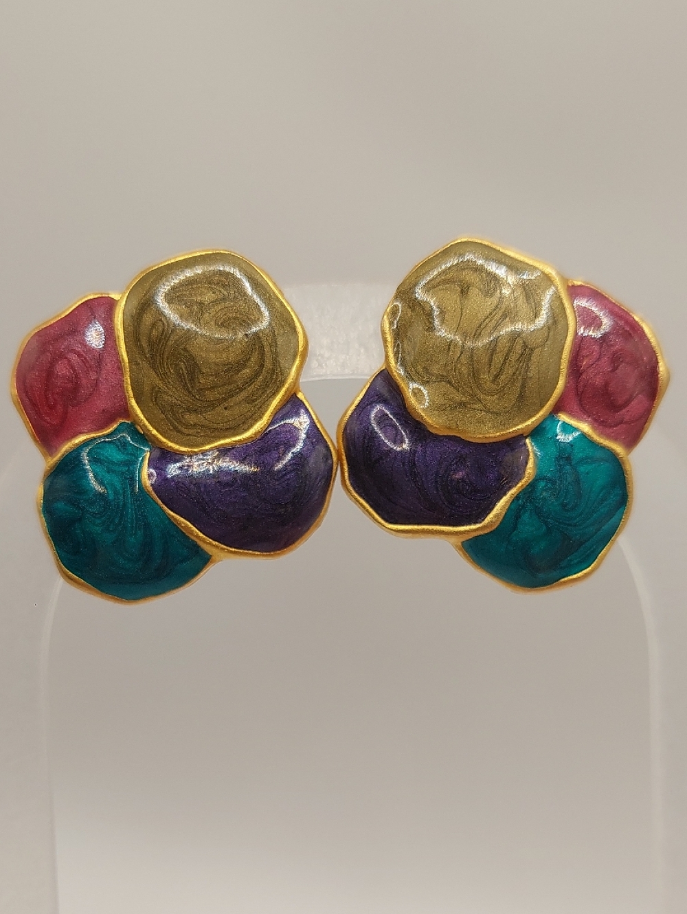 RUNWAY/BRUTALIST Style Jewel Tone Enamel 80's Style Goldtone Stud Earrings
